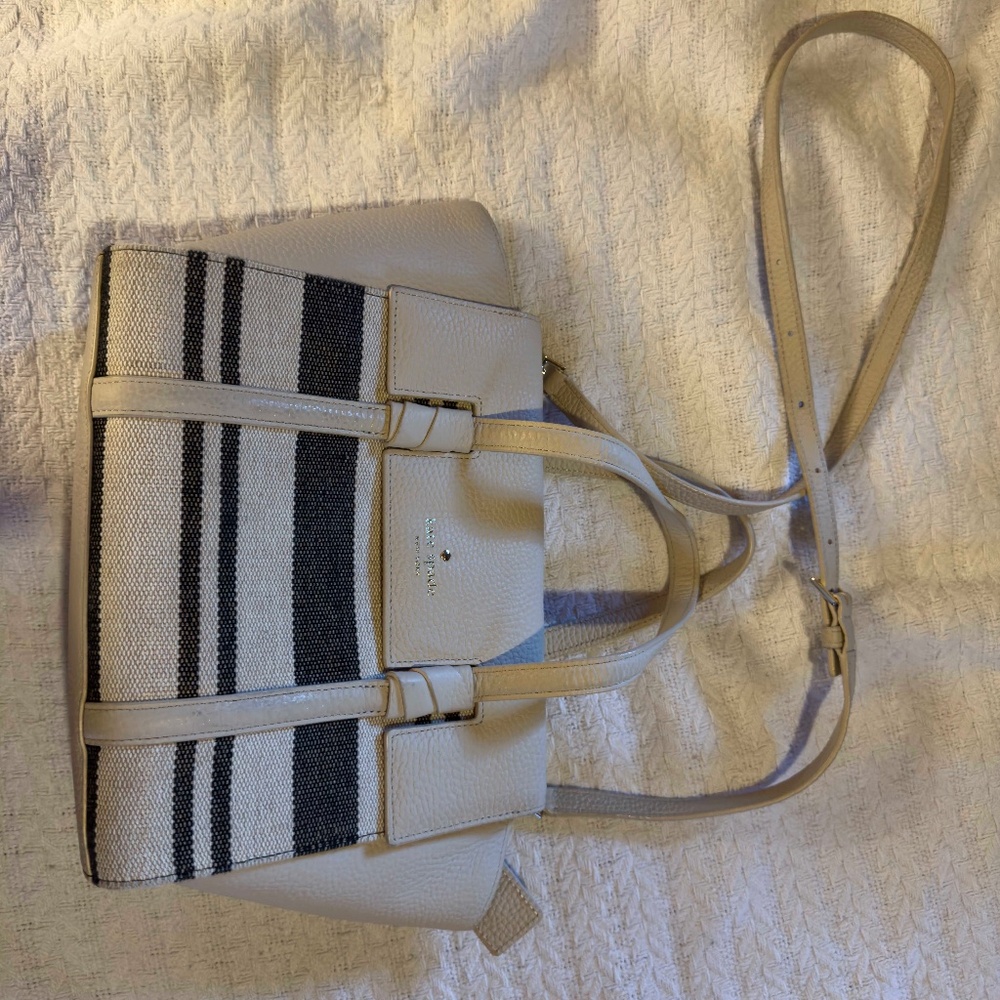 Kate Spade New York Beige Off-White Linen Black Handbag Crossbody Shoulder Bag